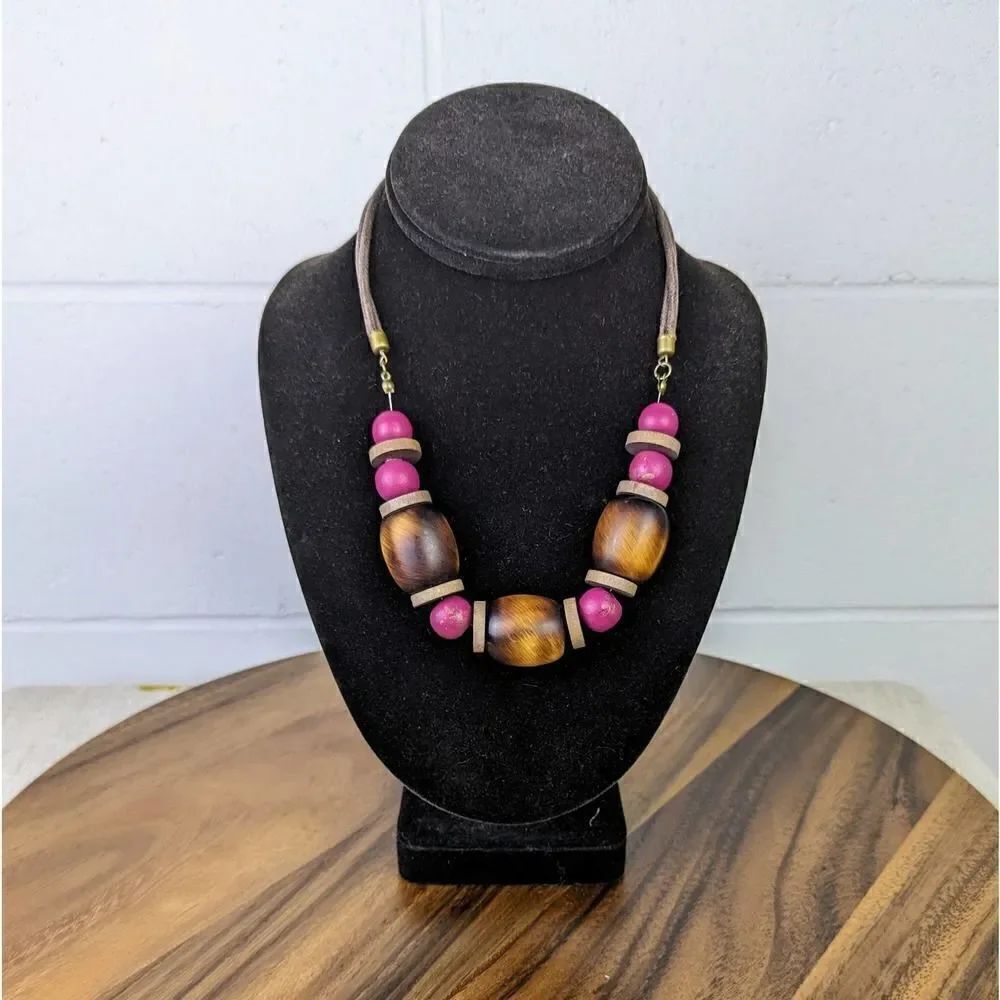 Beautiful Wooden Statement Necklace Pink and Brown Wooden Beads